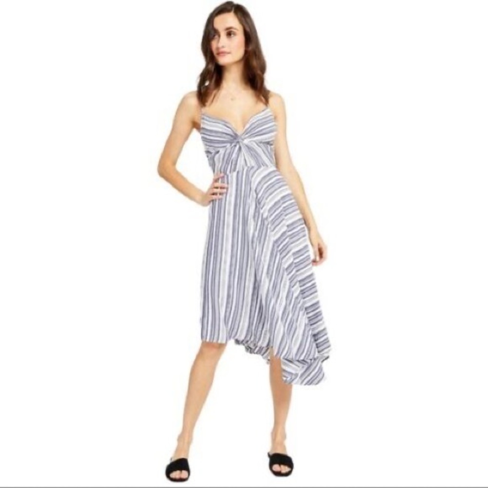 Gentle Fawn Mischa Dress White Blue Stripes Knee Length Asymmetrical Hem